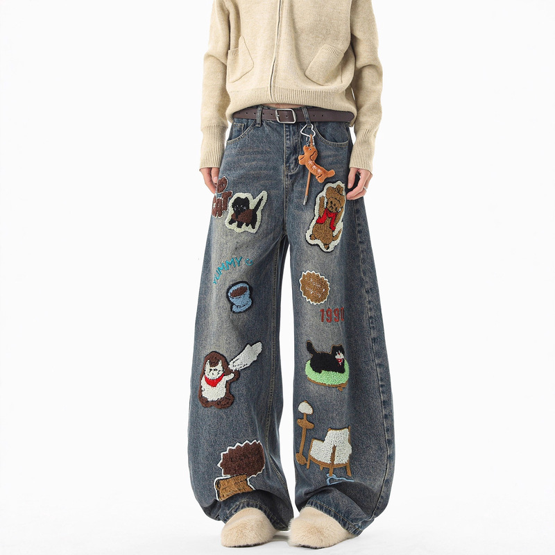 American Cartoon Towel Embroidered Jeans for Men, Winter Trendy Brand Design, Wide-Leg Pants, Loose and Versatile Floor-Length Pants