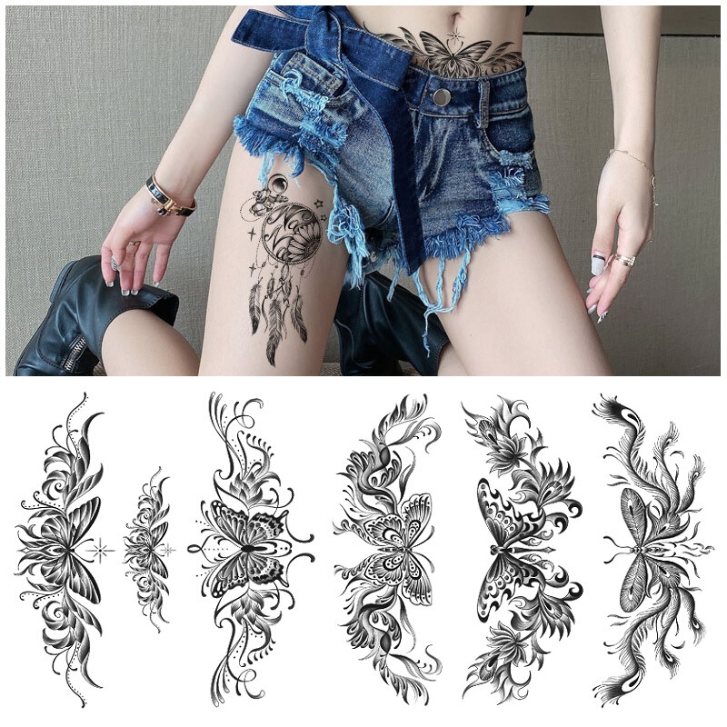 Small abdomen long butterfly lace black water transfer temporary disposable spot wholesale cross-border set tattoo stickers