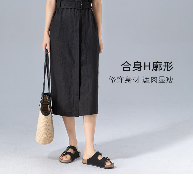 Đầm maxi nữ vải lanh tay uốn cong chiết eo dáng suông mùa hè — Màu đen chi tiết 13