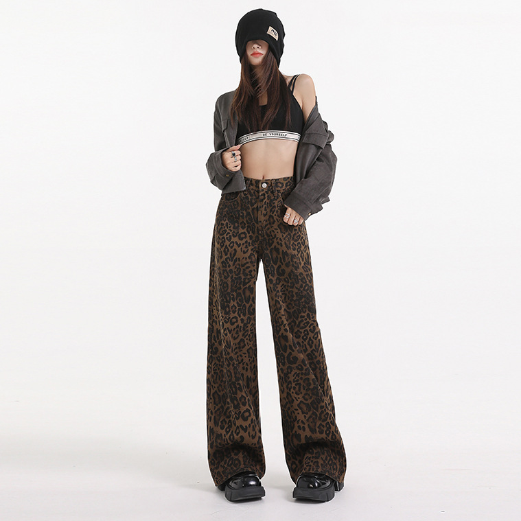 MING HAI 미국 스타일 빈티지 스파이스 소녀 레오파드 무늬 느슨한 넓은 다리 바지 틈새 캐주얼 와이드 다리 스트레이트 청바지 여성