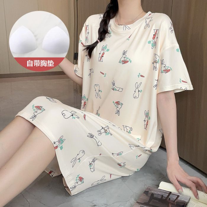 Venta al por mayor transfronteriza verano nuevo pijama mujer imitación algodón cinturón cojín en el pecho impresión de dibujos animados gran tamaño camisón de manga corta mujeres pueden usar