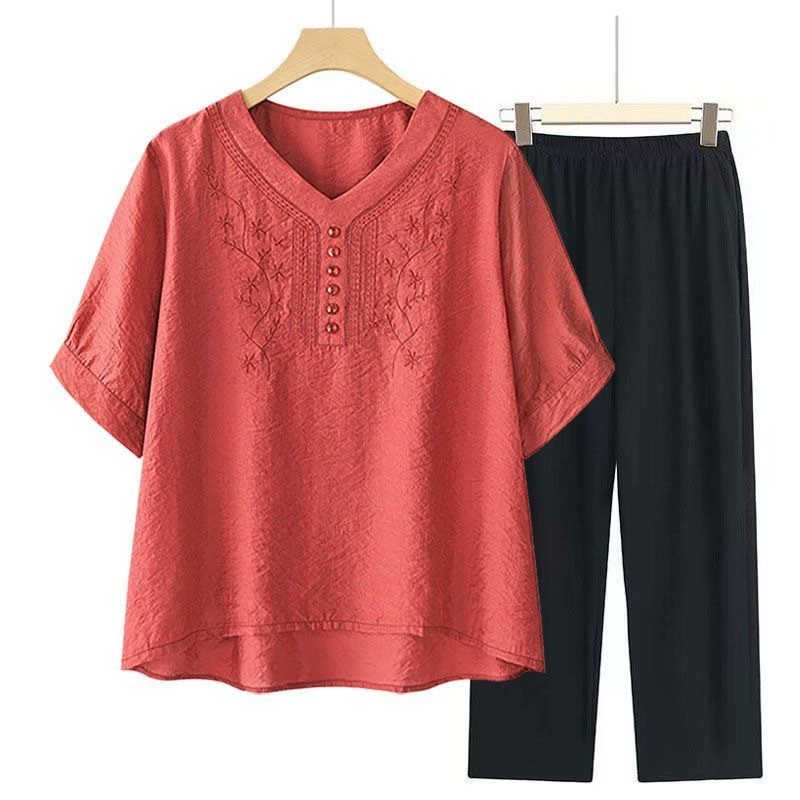 2025 Новый модный костюм Женская футболка с вышивкой Одежда для женщин среднего и пожилого возраста Двухкомплектный набор