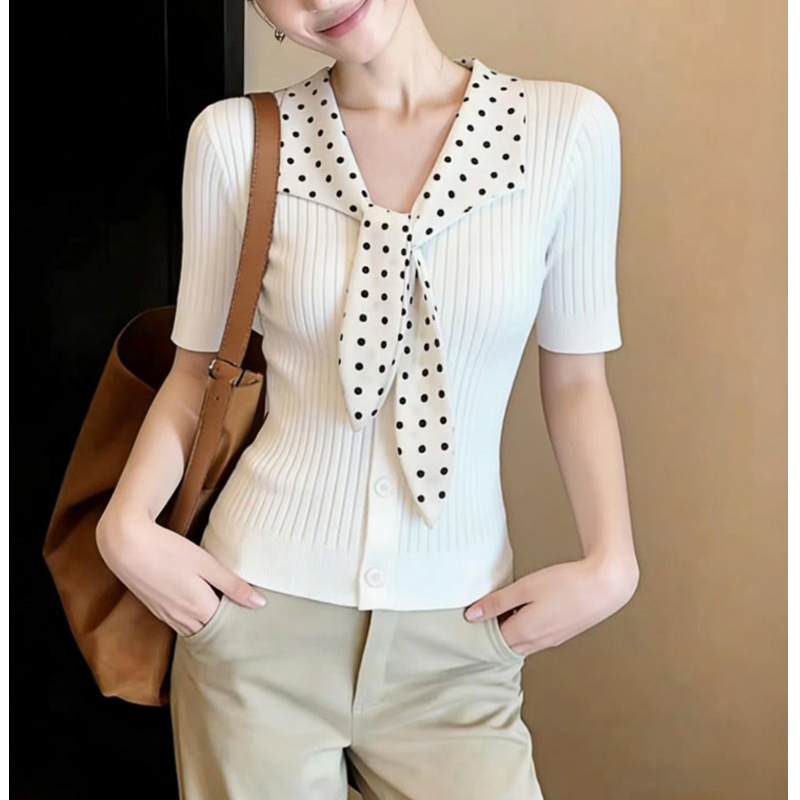 White Polka Dot Tie-Neck Short-Sleeve Knit Cardigan for Women, 2026 New Summer Design, Unique and Beautiful Top White Polka Dot Tie-Neck Short-Sleeve Knit Cardigan for Women, 2026 New Summer Design, Unique and Beautiful Top