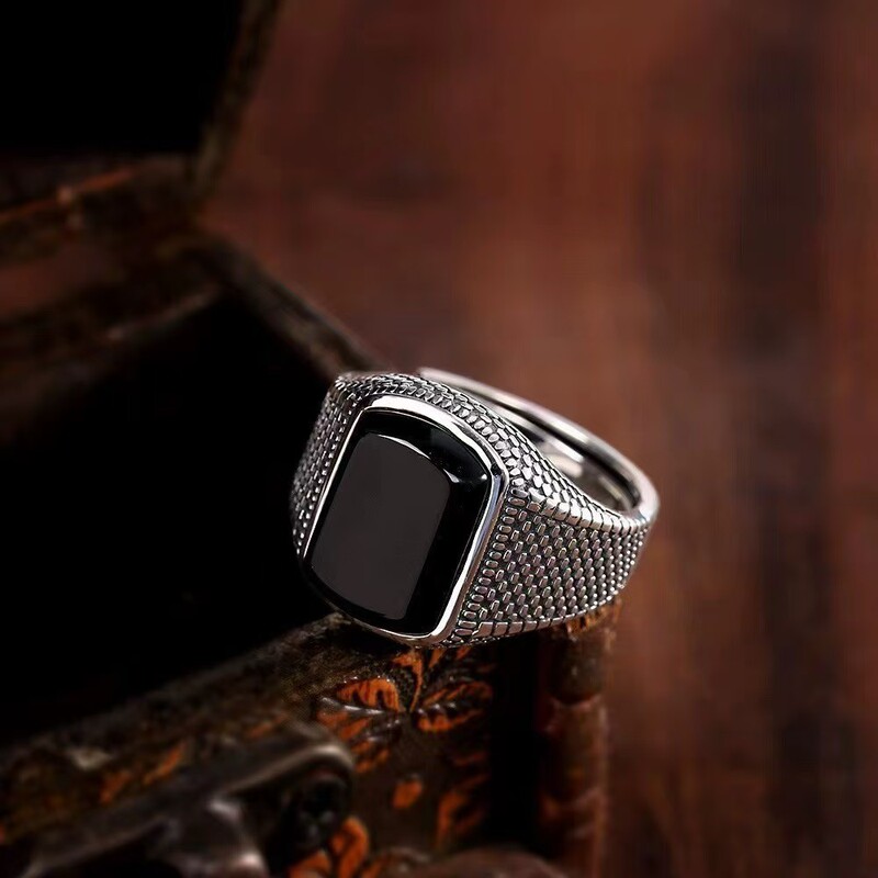 Vintage Distressed Imitation Black Agate Ring for Men, Trendy Classic Wide Adjustable Personality Trendy Thai Silver Single Ring for Men Vintage Distressed Imitation Black Agate Ring for Men, Trendy Classic Wide Adjustable Personality Trendy Thai Silver Single Ring for Men