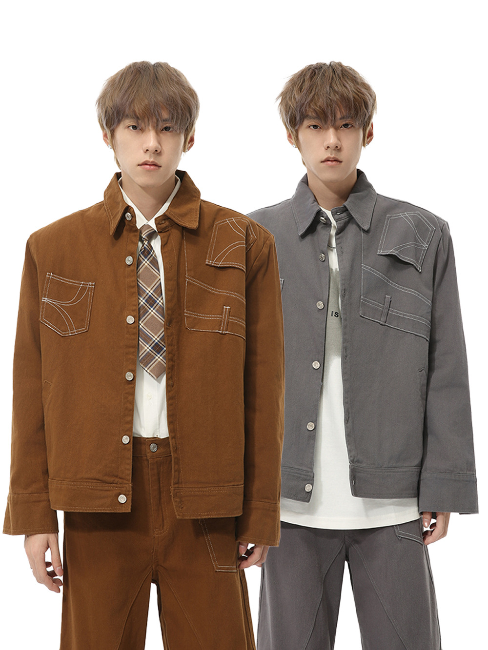 MTLCLOTHES Hombres| Otoño nuevo estilo francés de alta calidad de deconstrucción empalme de hombro de color sólido conjunto de moda vaqueros