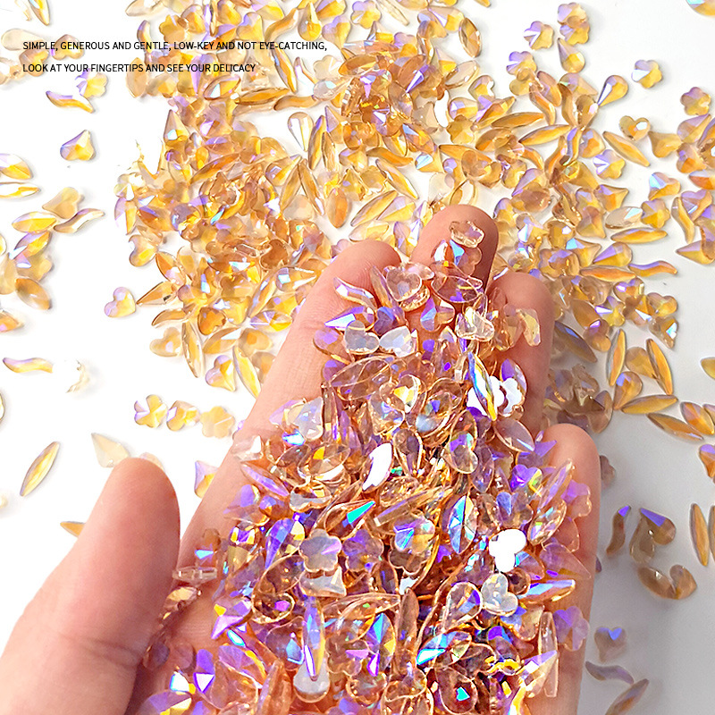 Super Flash Magic Aurora Ice Champagne Gold nail Diamond Manicura en línea popular en forma especial mezclado diamante plano de lujo ligero