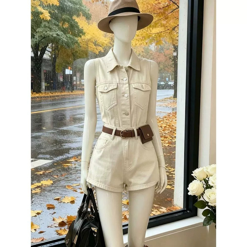 French Khaki Denim Suit for Women 2026 Summer New Style Workwear Style Sleeveless Vest High Waist Slimming Shorts