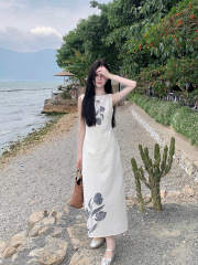 新しい中国風の女性の気質レトロプリントドレス夏のニッチデザイン怠惰な休暇スタイルのベストロングスカート