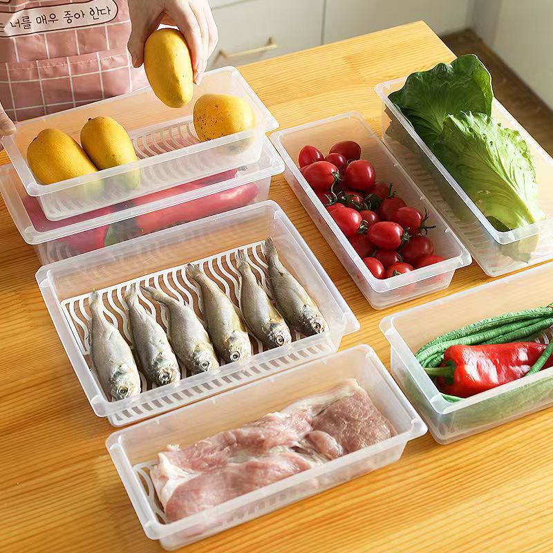 Refrigerator frozen fish drain fresh-keeping box kitchen classification storage box plastic rectangular with lid refrigerator box wholesale