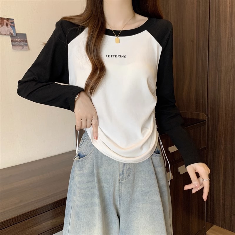 2024秋の新しい色の肩の長袖のtシャツの女性の紐を引くデザイン感の丸首の百合の底のシャツの上着のファッション|undefined
