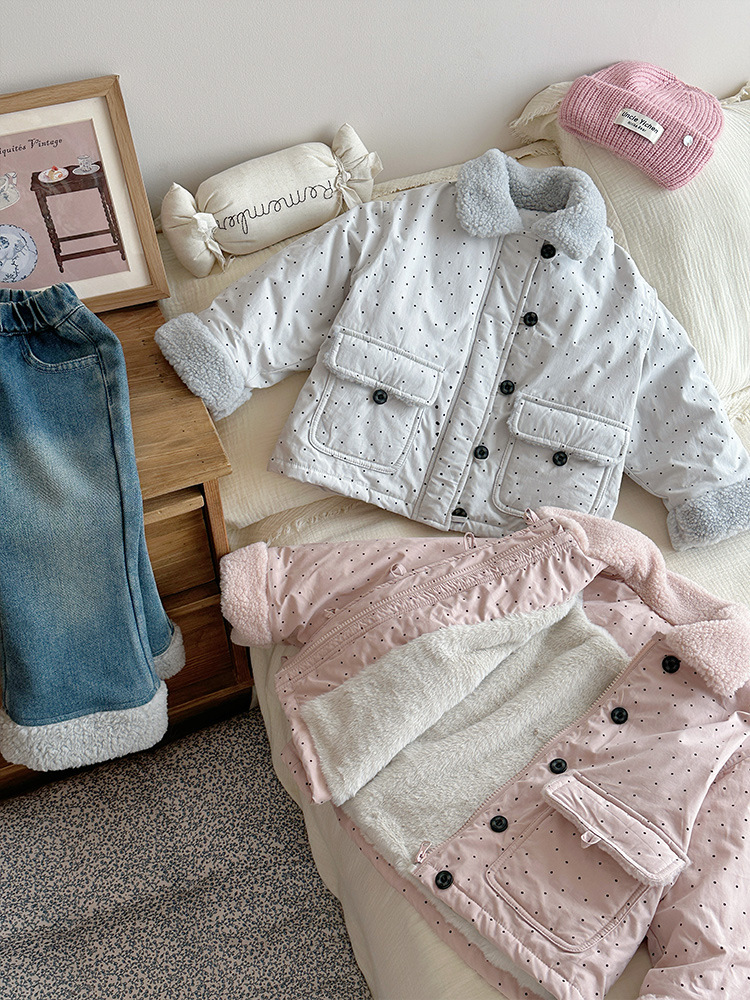 [en stock] ropa infantil, ropa de algodón para bebés, chaqueta de niñas, solapa de 25 invierno, nueva chaqueta de terciopelo caliente para niñas