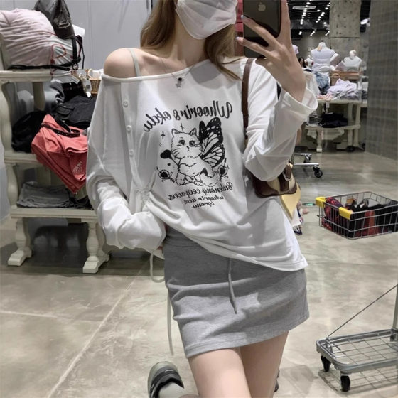 [Factory in stock] Original Tencel Rib Cat Print Shoulder T-Shirt Women's Thin Sunscreen Blouse Top
