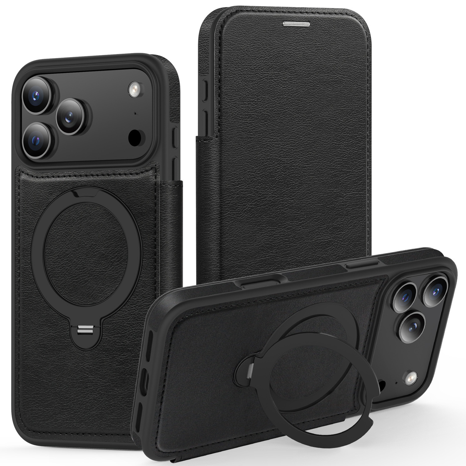 Ốp lưng da lật iPhone 16 Pro Max xoay 360 độ tích hợp giá đỡ từ tính — màu đen, màu xanh hoàng gia, Màu nâu, xám
