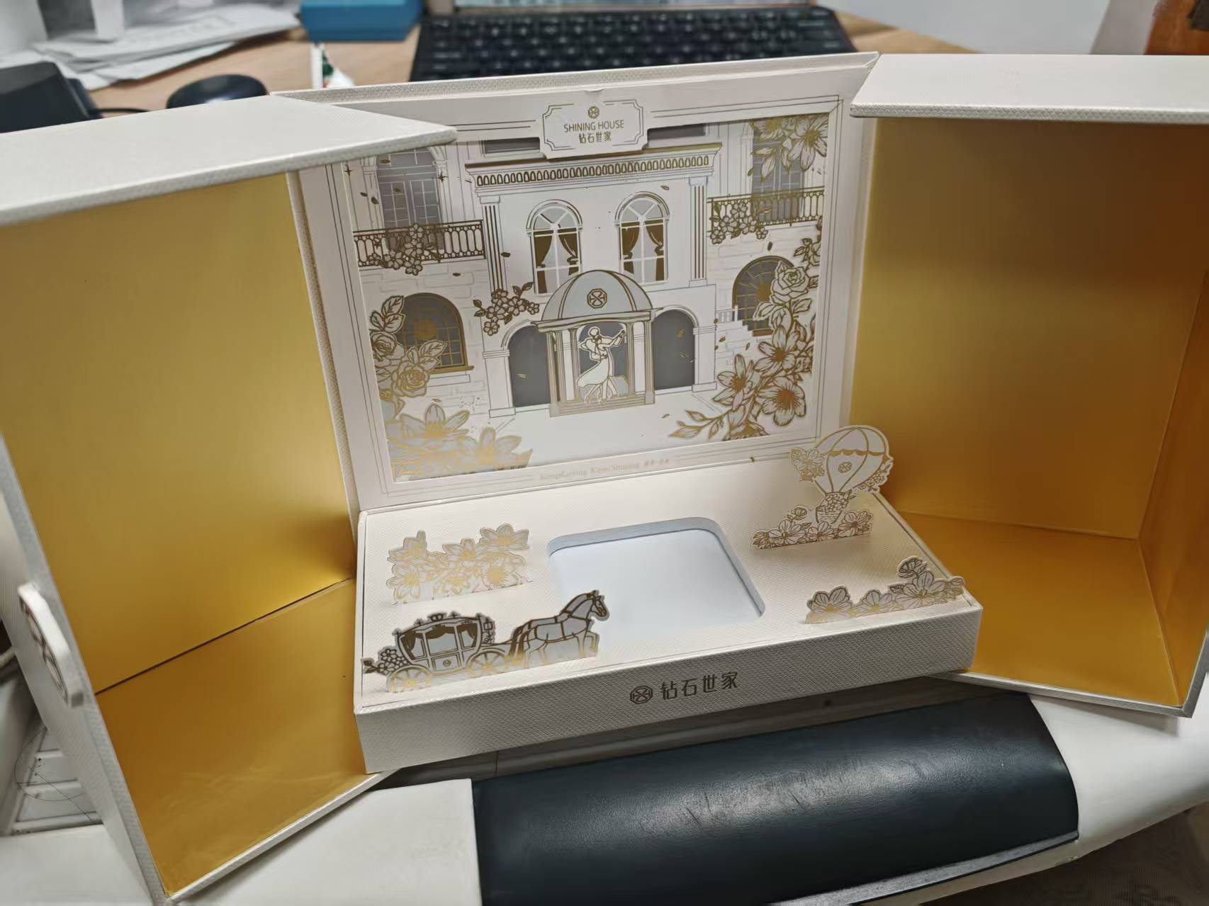 Qixi regalo de San Valentín ilustración joyería caja de madera tridimensional talla de papel caja de anillo de diamante caja media caja de doble puerta personalización image 8