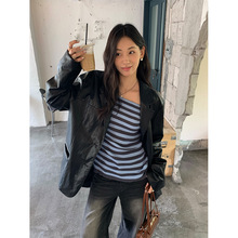 广州黄峥韩系高级感黑色皮衣西装外套女秋季宽松机车夹克530834