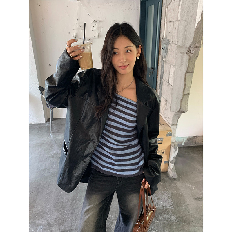 Guangzhou Huang Zheng Korean Style High-End Black Leather Suit Jacket Women's Autum Loose Motorcycle Jacket 530834