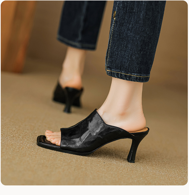 Sandal cao gót nữ hở mũi quai ngang da dê gót 7 cm kiểu Hàn Quốc — đen chi tiết 14
