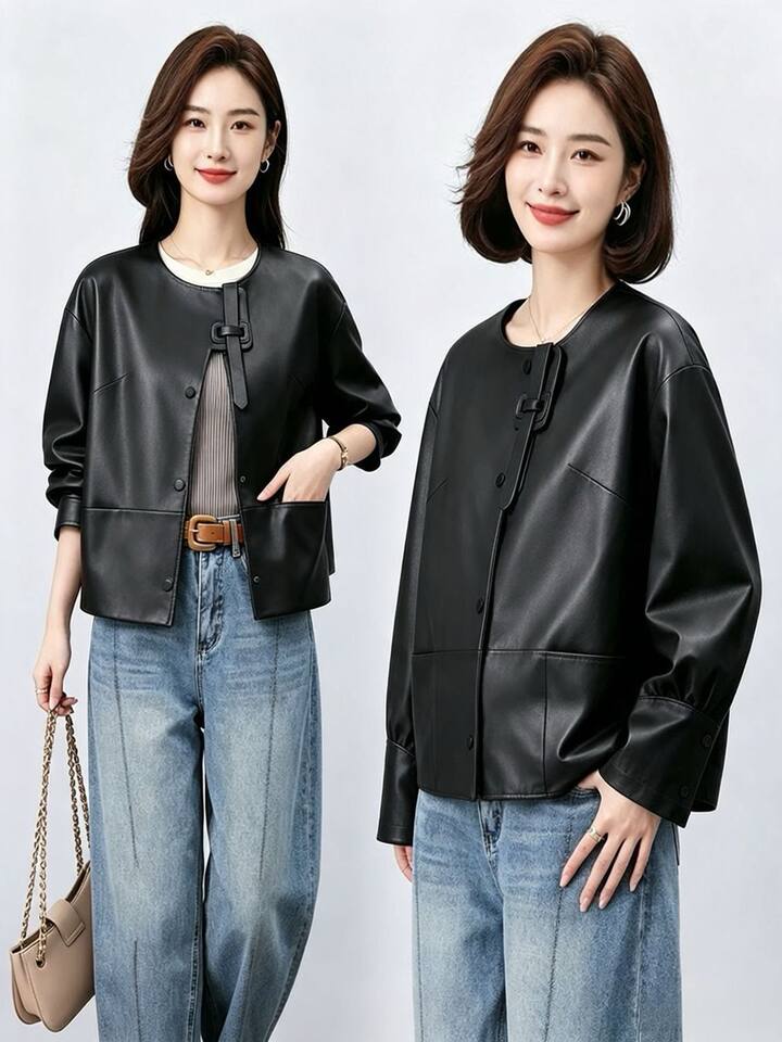 Áo khoác da nữ dáng ngắn ôm vừa, cổ lập, tay dài, phong cách thanh lịch — Cam Hermès, đen chi tiết 16