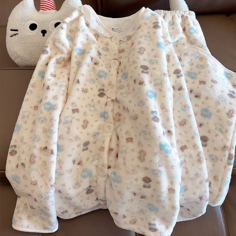 Winter Live Broadcast Popular Pajamas Women's Round Neck Cardigan Thickeneded Flannel Long-Sleeved Pants Coral Velvet Home Wear Set Winter Live Broadcast Popular Pajamas Women's Round Neck Cardigan Thickeneded Flannel Long-Sleeved Pants Coral Velvet Home Wear Set