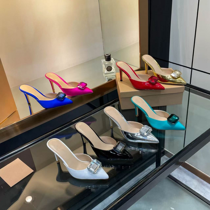 2025 New Summer Style Beautiful and Super Stable Stiletto Toe Slippers for Women to Wear Pointed Toe Gemstone Elegant High Heel Half Slippers