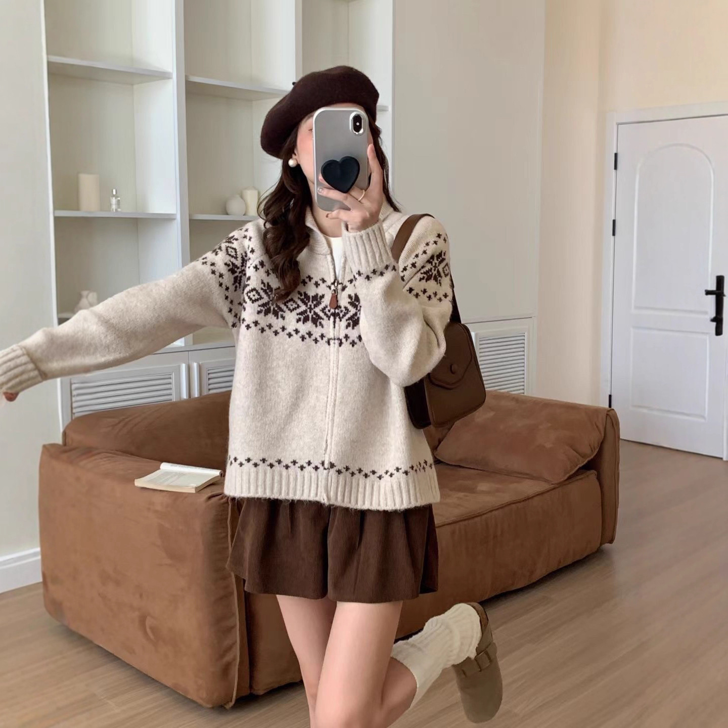 Nordic Retro Fair Isle Sweater Cardigan Coat for Women, New Autumn and Winter Heavy-Duty Zipper Loose Soft Knitted Sweater Trendy