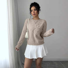 跨境外贸2025秋冬新款时尚优雅百搭休闲风花朵圆领针织衫女士毛衣