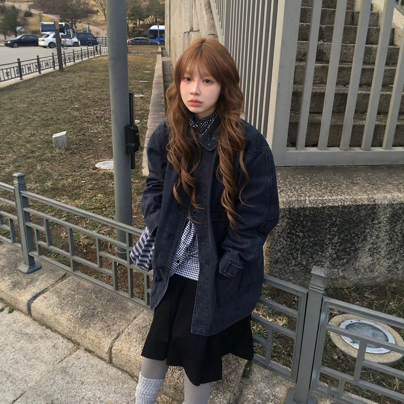 Current Korean-style workwear jacket for women, new autumn fashion for petite women, washed turn-down collar top ohesh*o