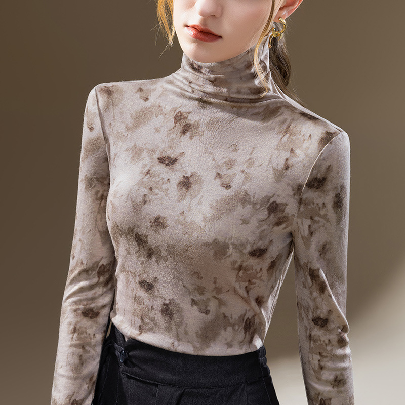 Camisa de fondo de cuello alto para mujer 2023 nuevo estilo europeo ropa de mujer estilo occidental impreso manga larga cepillado camiseta cintura-top interior ajustado
