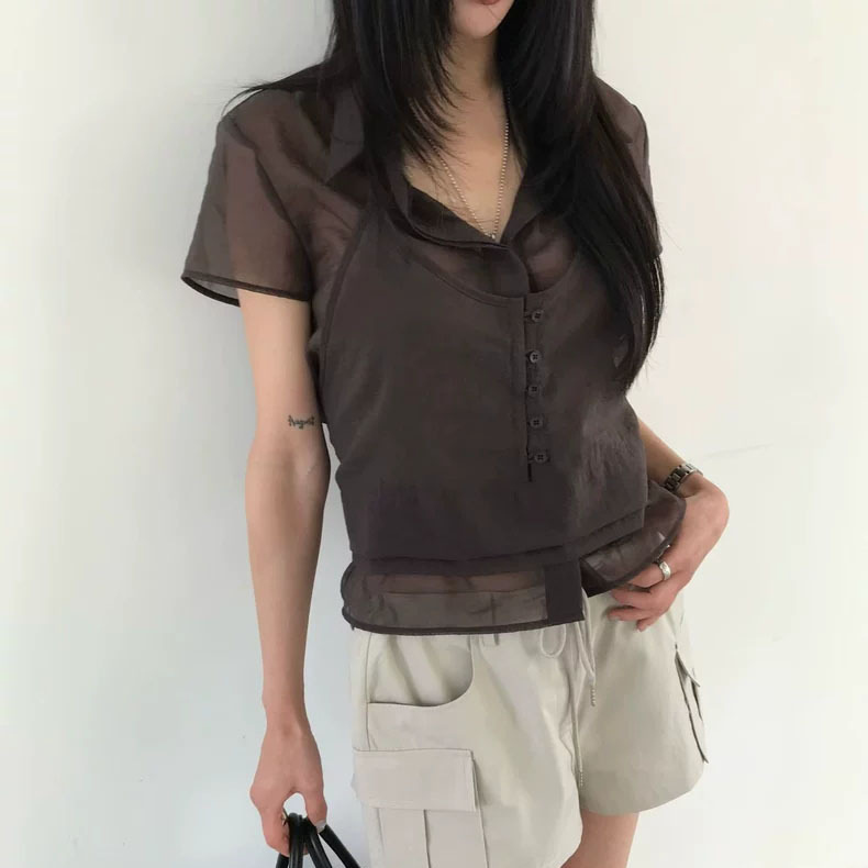 Mona Xh Korean-Style Faux Two-Piece Top Dongdaemun Summer New Lace-Up Halter Neck Short-Sleeve Shirt with Turn-Down Collar