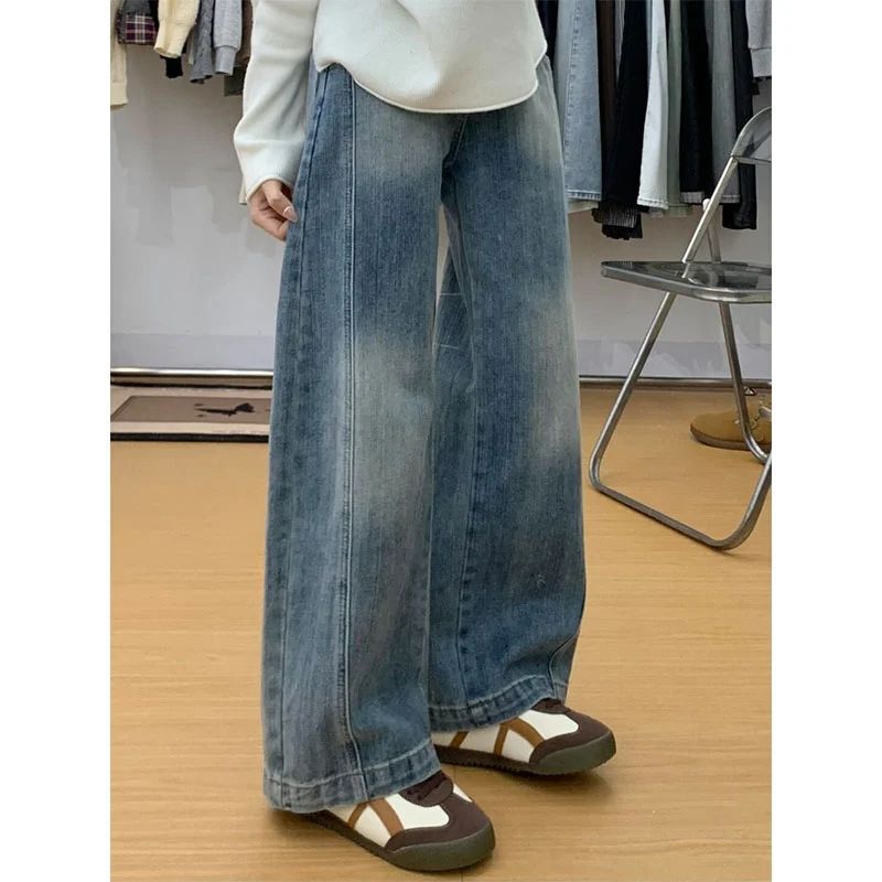 美式宽松水洗复古蓝阔腿牛仔裤女夏季新款设计感高腰显瘦拖地长裤|undefined