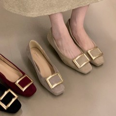 2025新款金属法式方扣浅口单鞋女粗跟方头玩玩仙女风玛丽珍通勤鞋