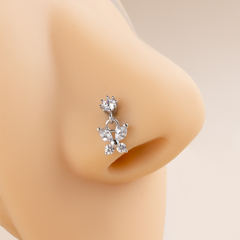 5g Weight Zircon Inlay Material 1 Piece 316L Stainless Steel Copper Zircon Nose Rings & Studs Butterfly Waterproof Non Tarnish Surgical Steel Ear Cartilage Rings & Studs Nose Pin