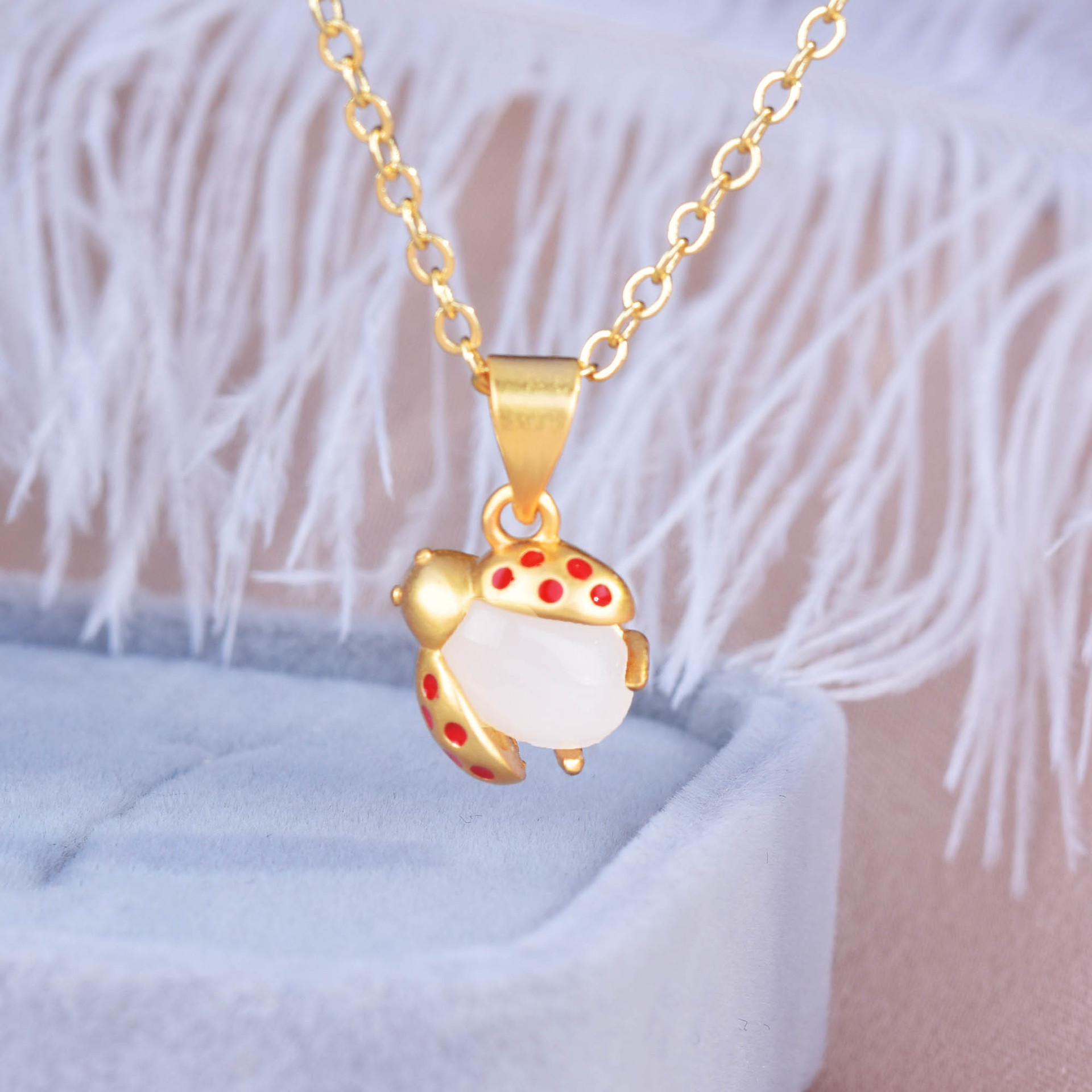 Cute Ladybug Necklace Bracelet Earrings Sand Gold Plated Hetian Jade Necklace Beetle Pendant display picture 5