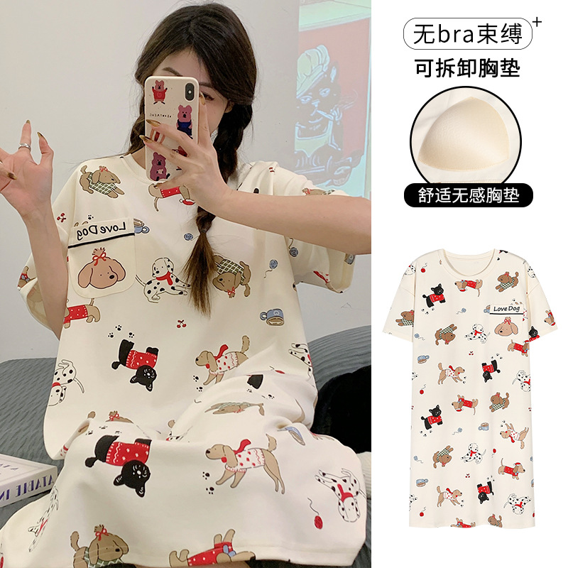 Pijama de mujer con almohadilla de pecho de dibujos animados red viento rojo estudiantes de manga corta, vestido largo medio, pijama integral de verano se puede usar fuera