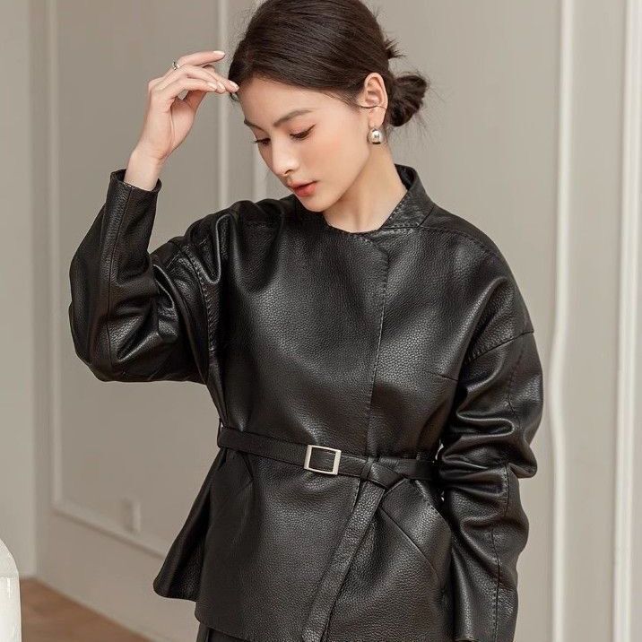 Hong Kong Style Retro Small Fragrance Leather Jacket Women's Short Trendy Spring and Autum Leather Jacket Small People Look Slim and Stylish Hong Kong Style Retro Small Fragrance Leather Jacket Women's Short Trendy Spring and Autum Leather Jacket Small People Look Slim and Stylish