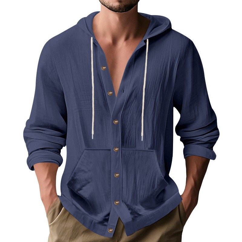 Transfronterizo Amazon primavera y otoño americano suelto para hombres lino suelto casual playa simple con capucha camisa de manga larga para hombres