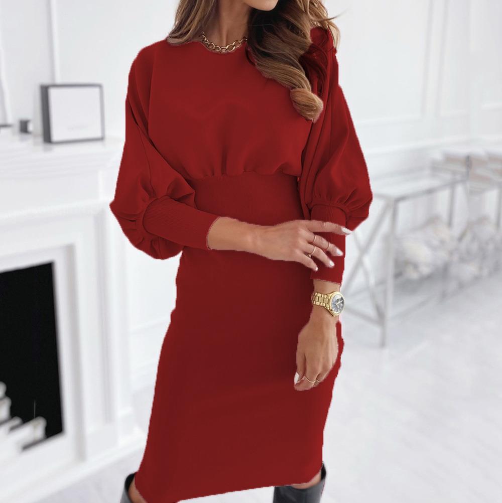 round neck slim long sleeve high waist solid color knitwear dress NSMVS139821