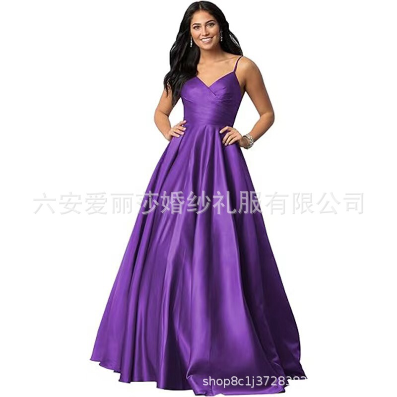 Aliexpress Foreign Trade Spaghetti Strap V-Neck Prom Dress Long Skirt Banquet Satin Dress Elegant Evening Dress