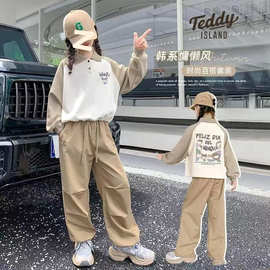 女童春秋新款拼色卫衣直筒裤两件套2025新款中大童卡通翻领套装潮