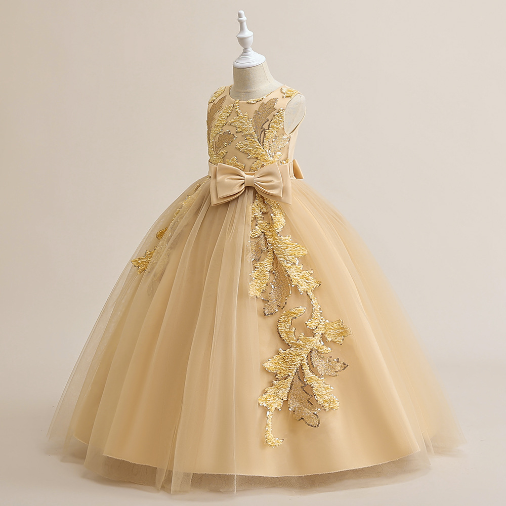 Amazon europeo y americano nuevo vestido de los niños vestido de princesa medio y grandes niños lentejuelas y vestido de piso vestido de rendimiento de piano