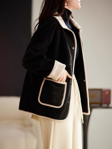 Women's Fashionable Matchable Thick Collar Contrast Color Splicing Outerwear for Autumn and Winter