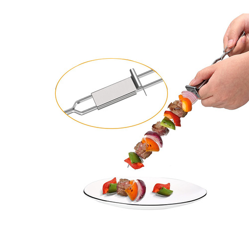 Zibo 430 outdoor stainless steel barbecue fork barbecue skewers double needle with push plate BBQ metal barbecue skewers barbecue tool