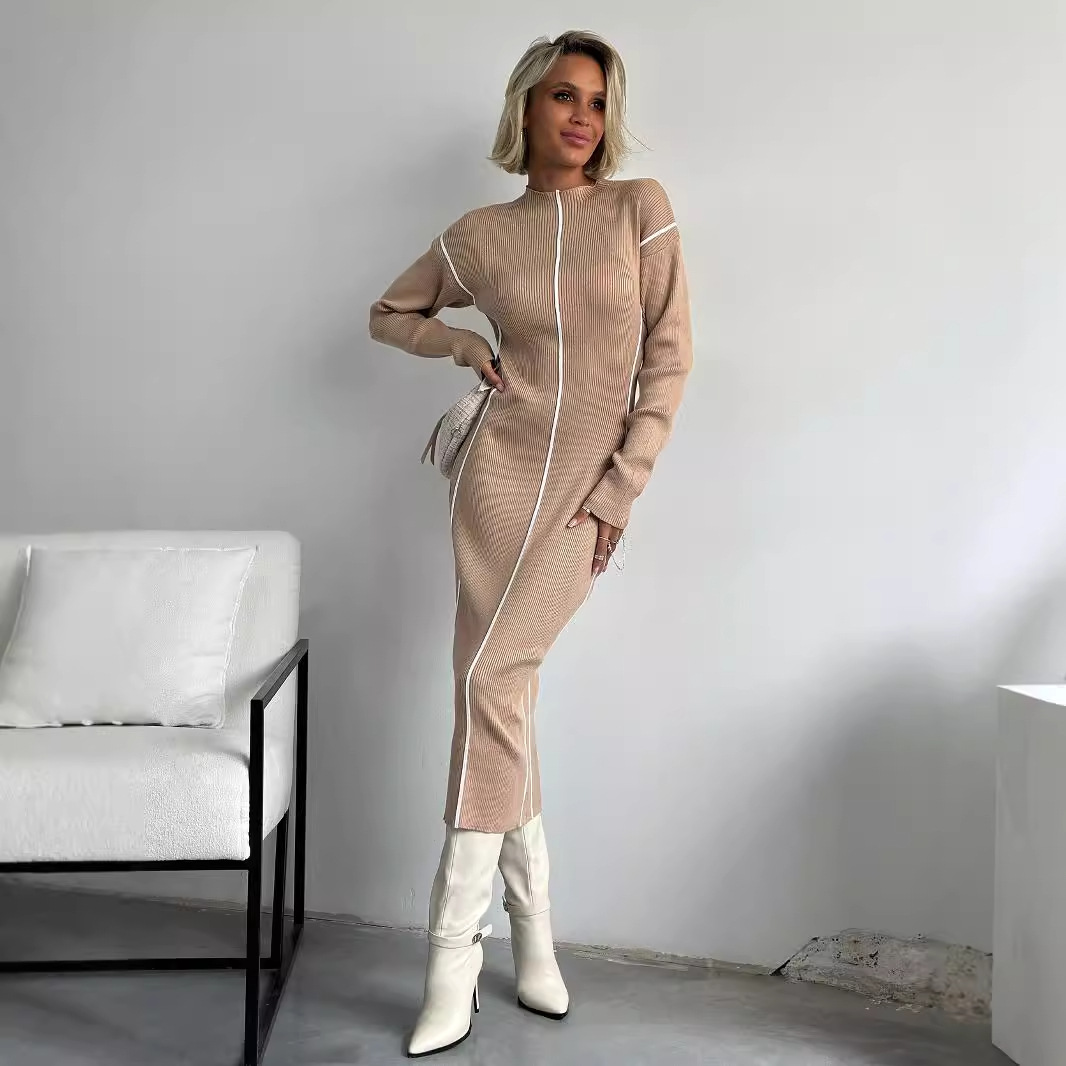 Damkläder lat stil halvhög krage randig kontrastfärg sömmar slimmad klänning dam high end midlång höftkjol höst_voghion.com