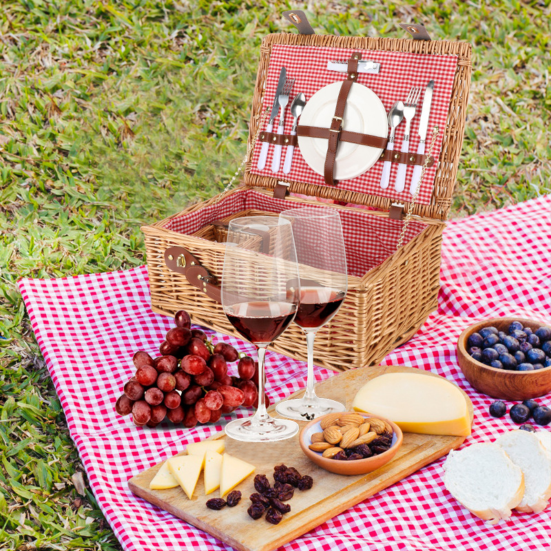 Pastoral canasta de picnic con cubiertos de sauce canasta de comidas portátil excursión camping al aire libre canasta de almacenamiento en línea