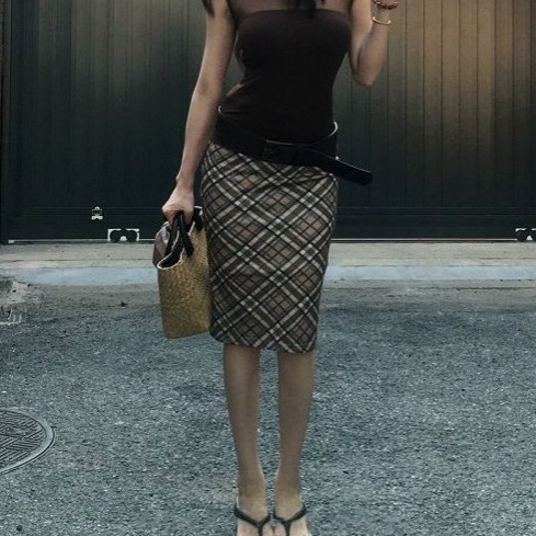 Wid Kwi 格纹半身裙女春秋季新款复古修身显瘦气质中长款包臀裙咖|undefined