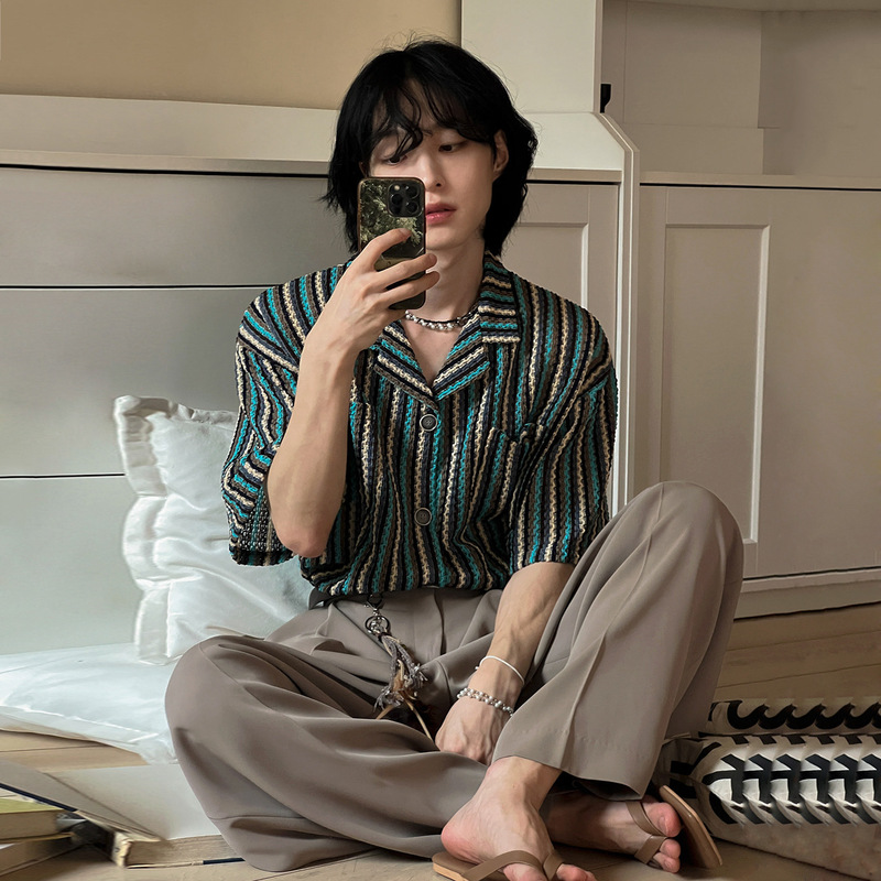 MYQ Design Sense Striped Short-sleeved Shirt Men's Summer Loose Casual Cuban Collar Shirt Korean Style Commuting Wear