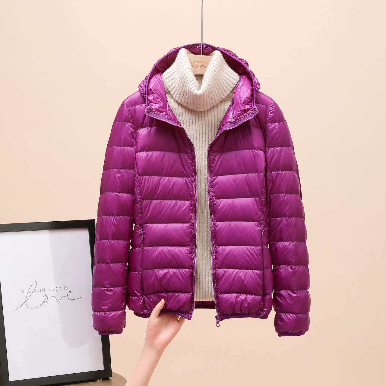 With hood, purple