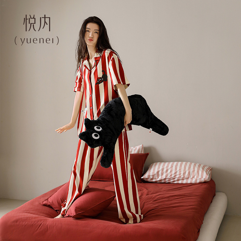 悦内带胸垫睡衣女款夏季夏天纯棉短袖长裤家居服时尚大红色本命年|undefined