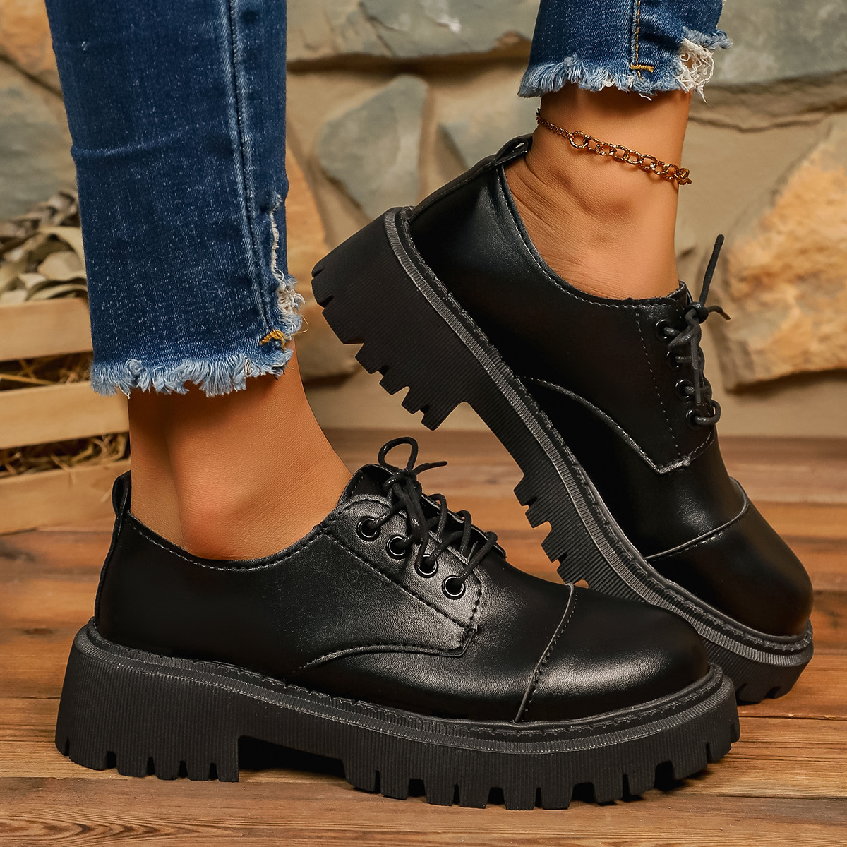 Mocassini bassi da donna in stile britannico con lacci, punta tonda, stile retrò, taglie forti, primavera, nuove scarpe eleganti in pelle._voghion.com