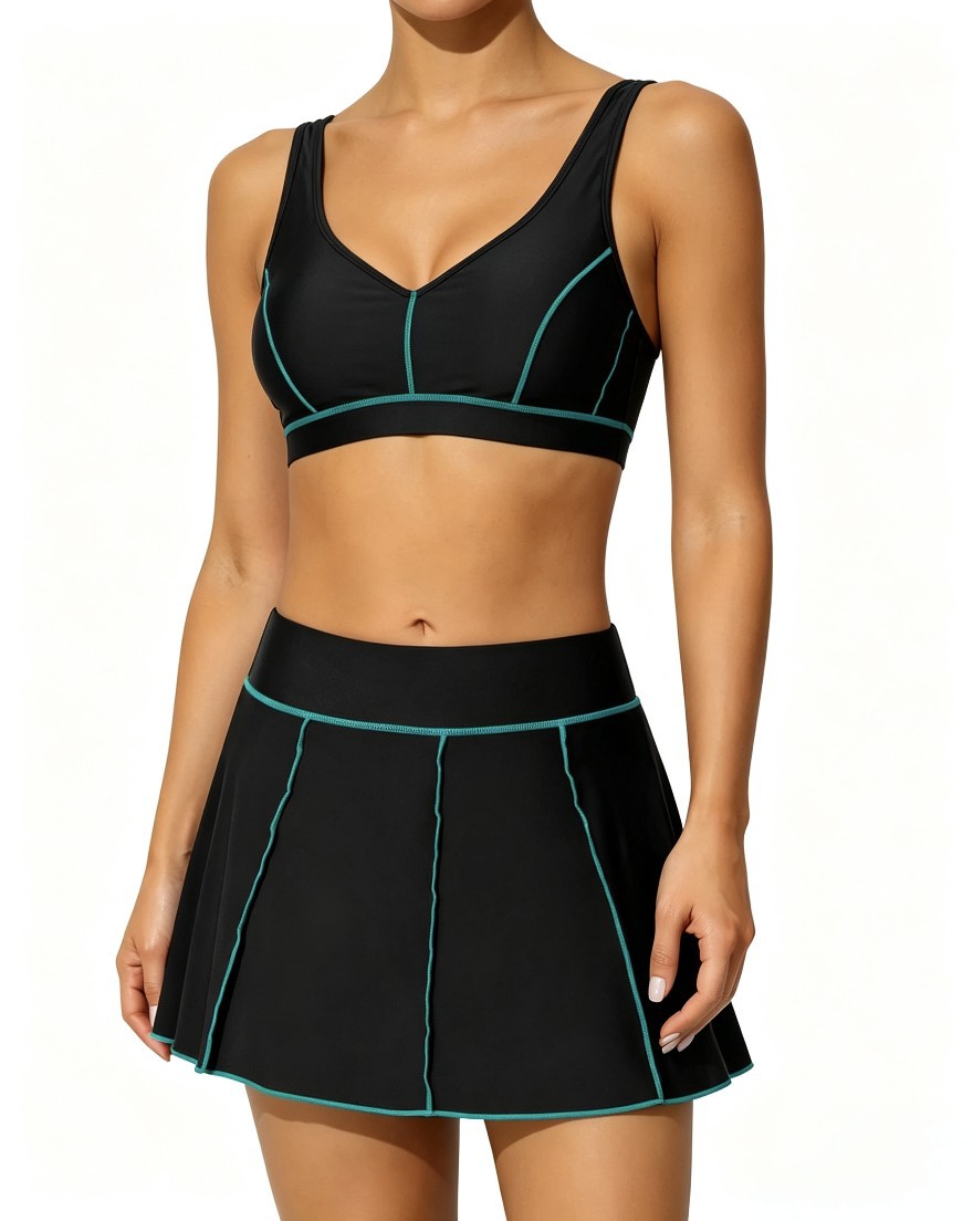 Cross-border bestseller women's quick-dry color-block sports set, beach surfing swim skirt, tennis skirt, anti-exposure with pockets